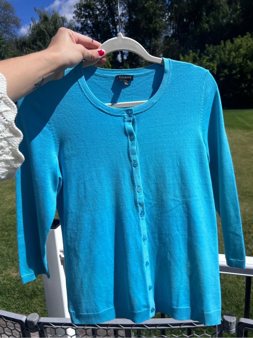 Talbots Aqua Turquoise Blue Crewneck Button Front Knit Cardigan Sweater Small